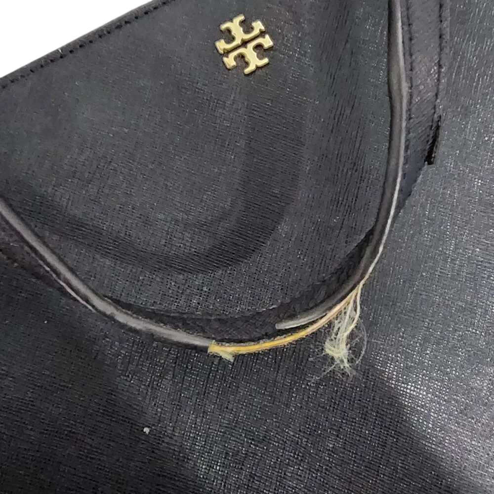 Tory Burch‎ Navy Saffiano Leather Tote Bag Gold Logo Classic Work Shopper